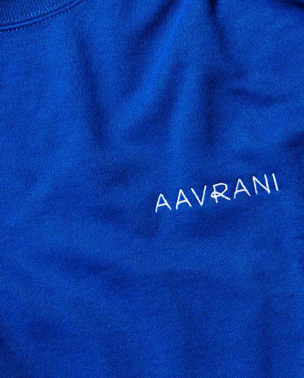 AAVRANI Hyper Blue Crewneck close up of LOGO