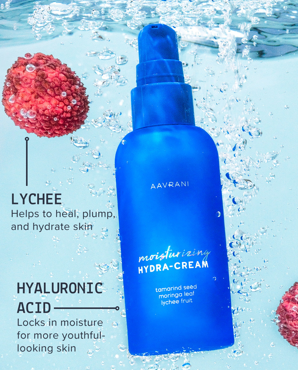 AAVRANI Moisturizing Hydra-Cream, Blue Background with Water Droplets and Ingredients: Lychee and Hyaluronic Acid