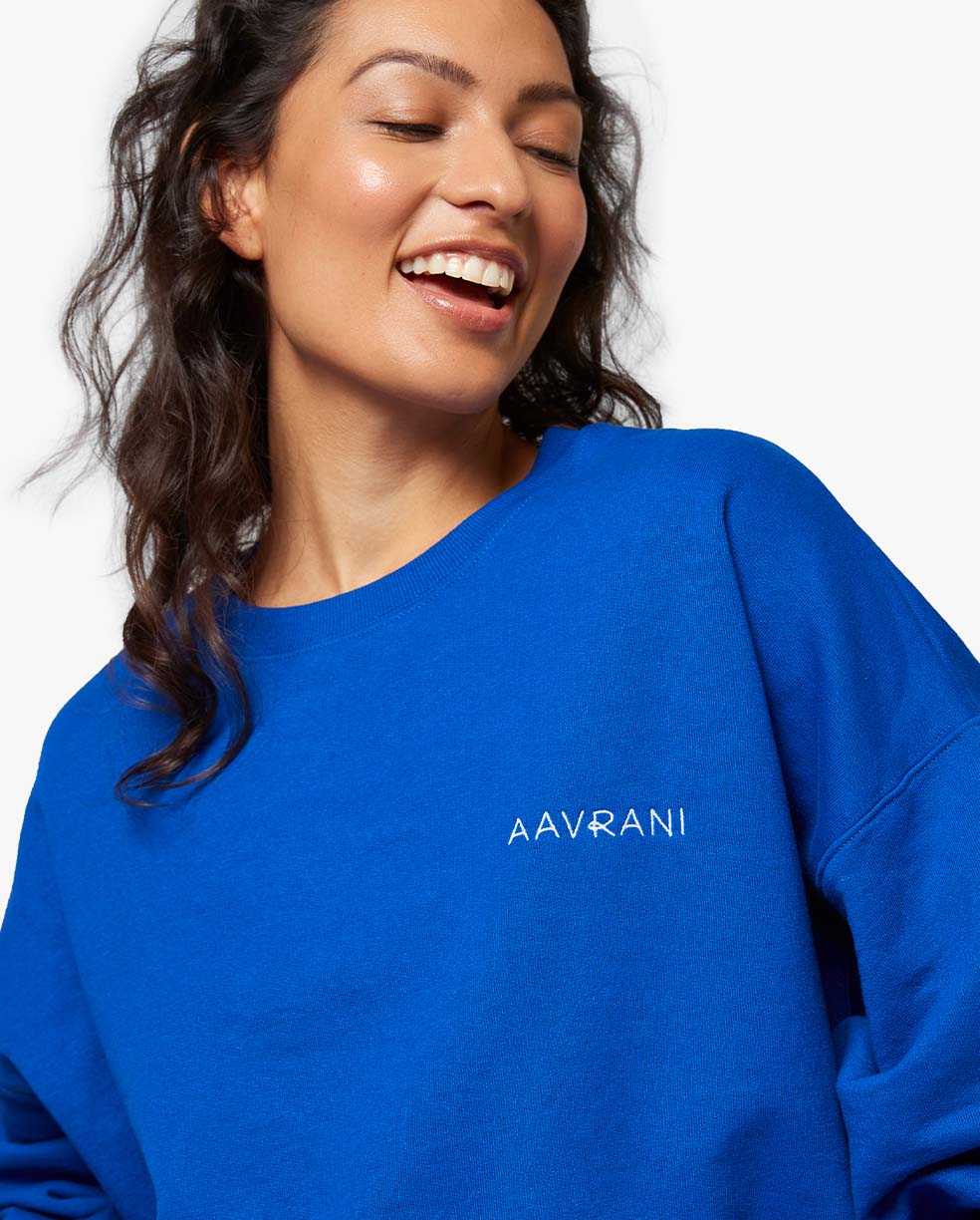 AAVRANI Hyper Blue Crewneck being worn by AAVRANI model