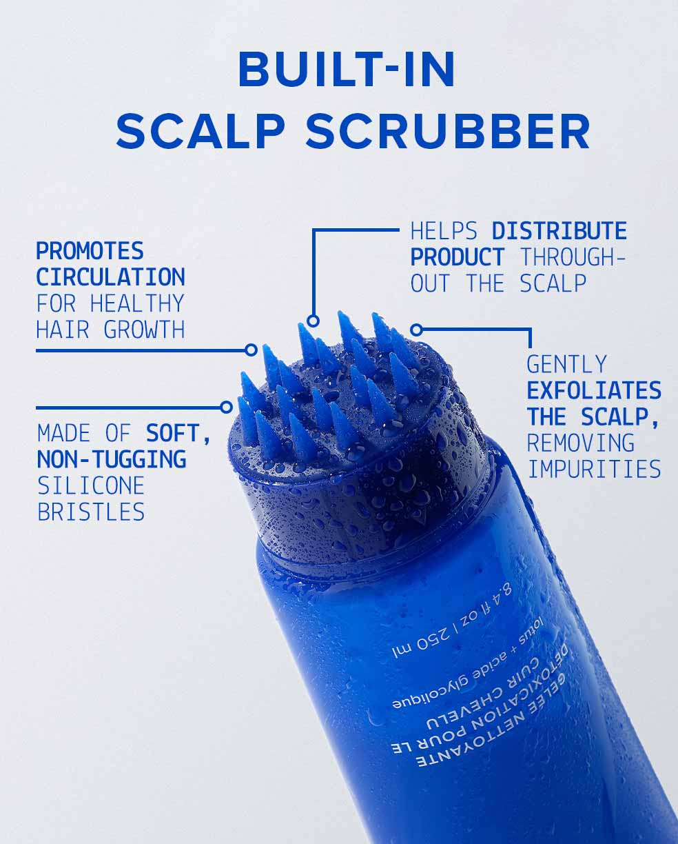 Infographic that speaks to the benefits of the built-in scalp scrubber on Scalp Detox Jelly Cleanser