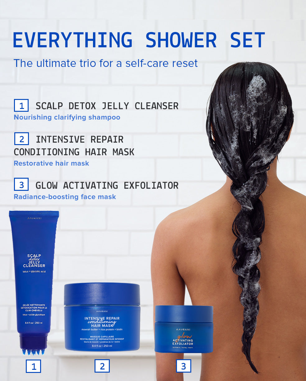 Infographic of what's in the AAVRANI Everything Shower Set